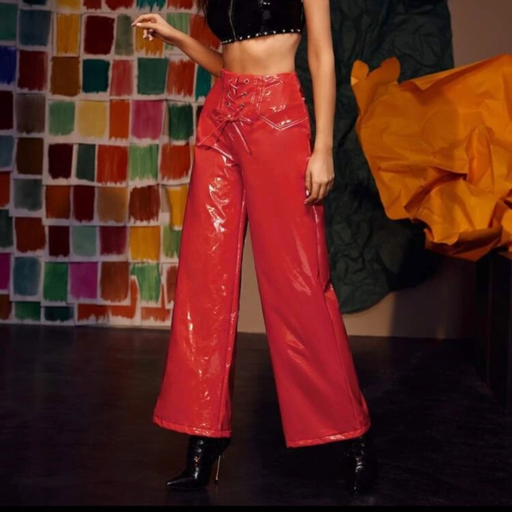 Red Waist Up Wide Leg Leather Pants